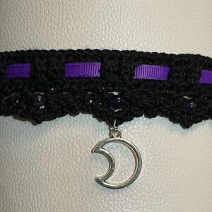 Black and Purple Crochet Choker with Moon Charm